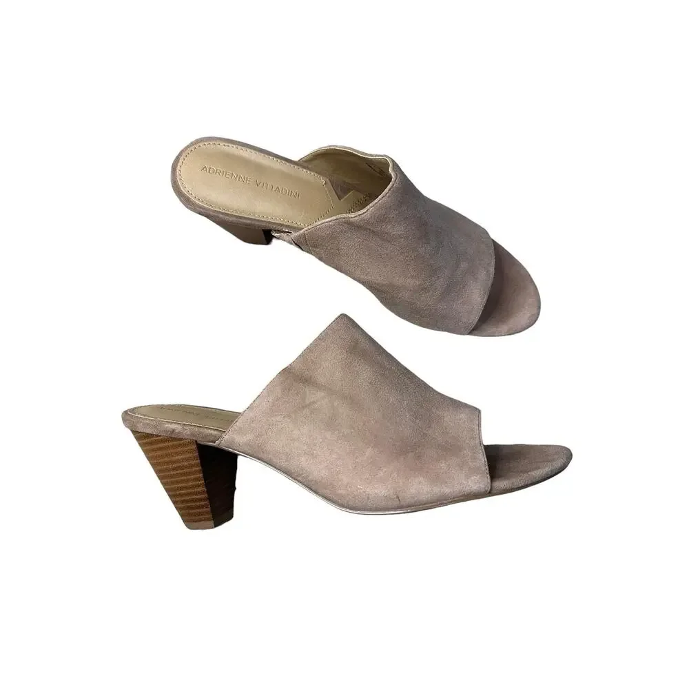 Adrienne Vittadini Pyle Tan Leather Suede Open Toe Mules Slide Sandal‎ Size 10